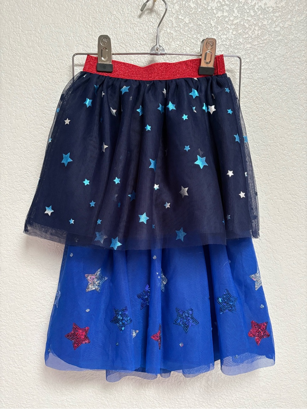 Cat & Jack Navy and Royal Blue Layered Star Skirt with Red Glitter Waistband